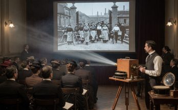 Historisch getreue Schwarzweiß-Fotoreinszenierung der Lumière-Vorführung 1895 im Grand Café: Cinematograph auf Stativ, g