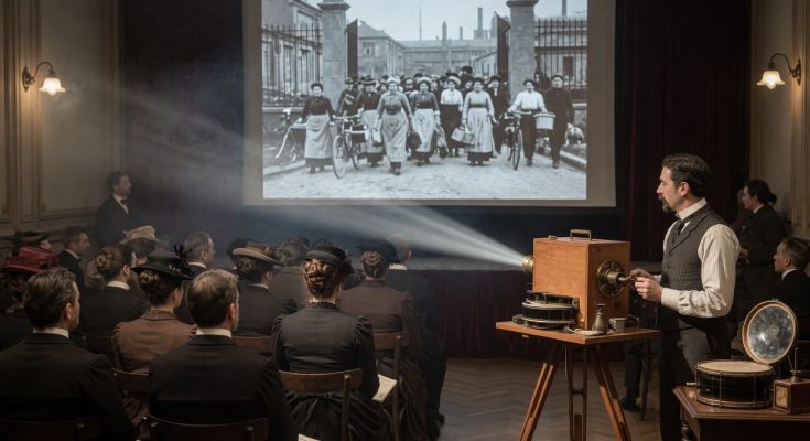 Historisch getreue Schwarzweiß-Fotoreinszenierung der Lumière-Vorführung 1895 im Grand Café: Cinematograph auf Stativ, g